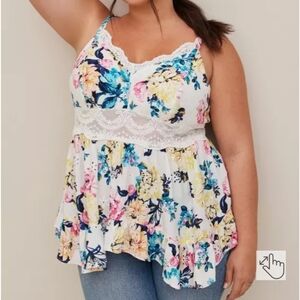 Floral Lace Trim Eyelette Babydoll Top